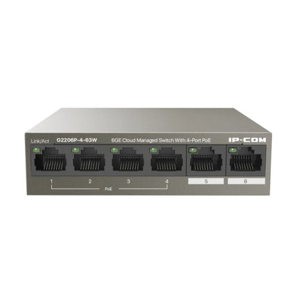 Front perspective of the IP-COM G2206P-4-63W 6-port smart cloud-managed Gigabit PoE switch inside its compact grey metal desktop enclosure.