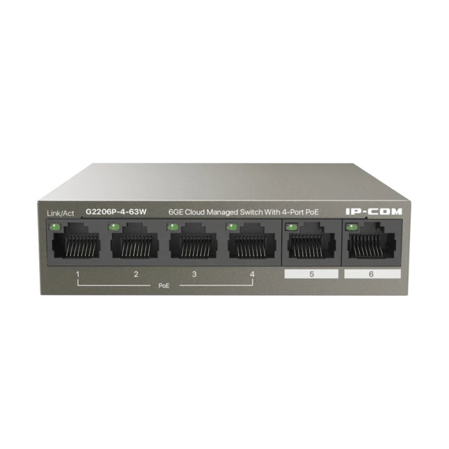 Front perspective of the IP-COM G2206P-4-63W 6-port smart cloud-managed Gigabit PoE switch inside its compact grey metal desktop enclosure.