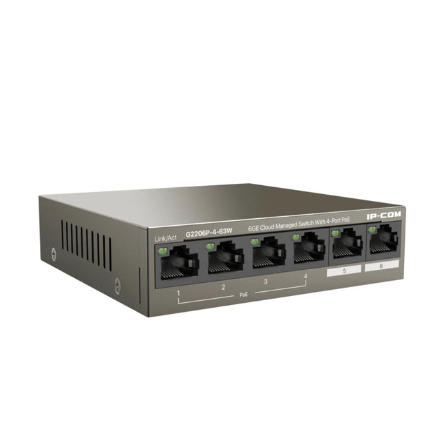 Close-up of the front network console on the IP-COM G2206P-4-63W highlighting 4 dedicated Gigabit PoE+ ports alongside 2 standalone Gigabit RJ45 data uplink ports.