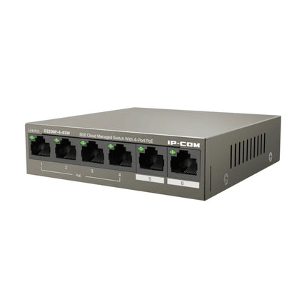 Detailed view of the left front corner on the IP-COM switch focusing on the system Link, Activity, Power, and SYS LED diagnostic array alongside the ProFi Cloud platform emblem.