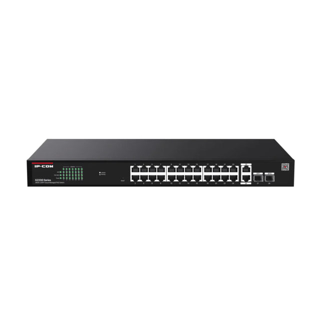 Front view of the IP-COM G2228P-24-410W 24-port cloud-managed Gigabit PoE switch housed inside its 1U corporate dark grey steel rackmount chassis.