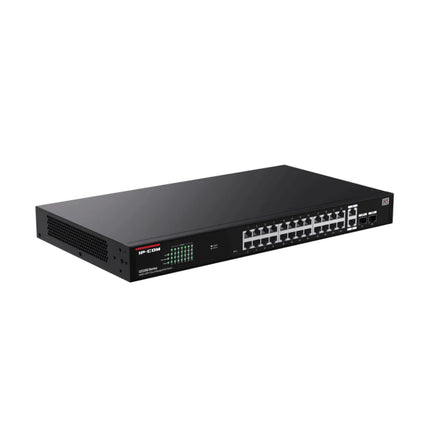 Close-up of the front interface on the IP-COM G2228P-24-410W switch showcasing the dual stacked rows of 24 Gigabit RJ45 PoE ports and individual green link LEDs.