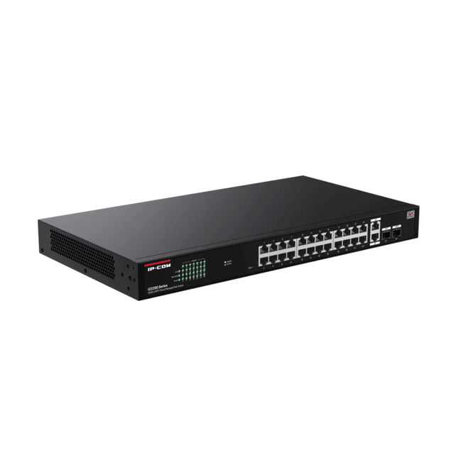 Close-up of the front interface on the IP-COM G2228P-24-410W switch showcasing the dual stacked rows of 24 Gigabit RJ45 PoE ports and individual green link LEDs.