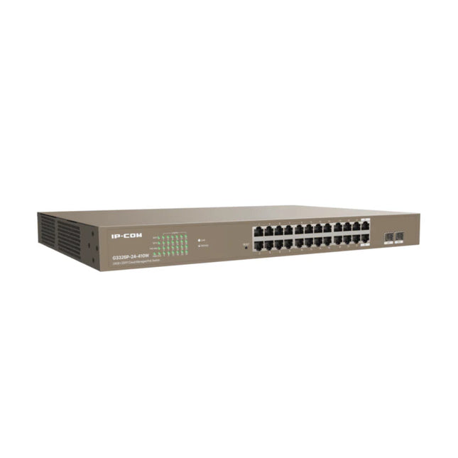 Close-up of the front interface on the IP-COM G3326P-24-410W switch highlighting the dual rows of 24 full-Gigabit RJ45 PoE ports and its system status LED diagnostic panel.