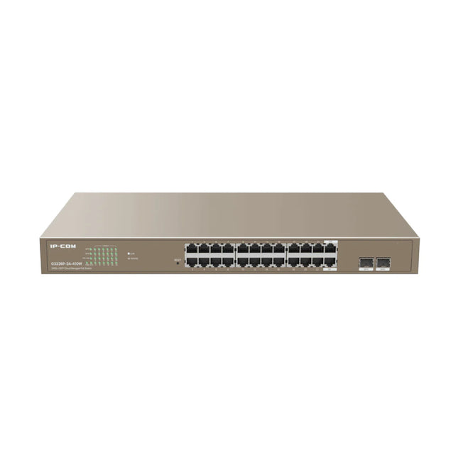 Front perspective of the IP-COM G3326P-24-410W 24-port smart cloud-managed Gigabit PoE switch showcasing its unique gold-colored full-metal rackmount enclosure.