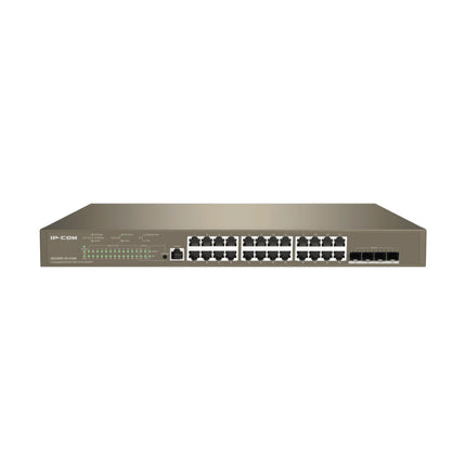 Front view of the IP-COM G5328XP-24-410W L3 managed PoE switch, showing 24 Gigabit Ethernet ports and 4 10G SFP+ uplink slots.