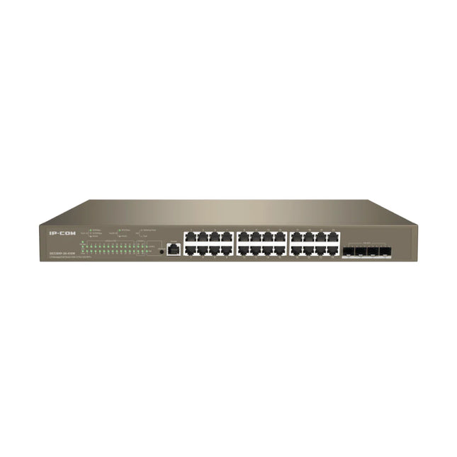 Front view of the IP-COM G5328XP-24-410W L3 managed PoE switch, showing 24 Gigabit Ethernet ports and 4 10G SFP+ uplink slots.