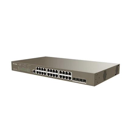 Isometric view of the IP-COM G5328XP-24-410W 24-port rackmount PoE switch highlighting the sleek metallic chassis and LED status indicators.