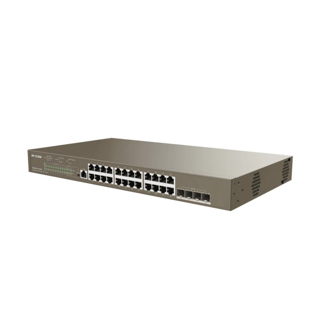 Isometric view of the IP-COM G5328XP-24-410W 24-port rackmount PoE switch highlighting the sleek metallic chassis and LED status indicators.