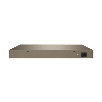 Rear and side view of the IP-COM G5328XP-24-410W layer 3 switch, showing the power input and built-in cooling fans for heat dissipation.