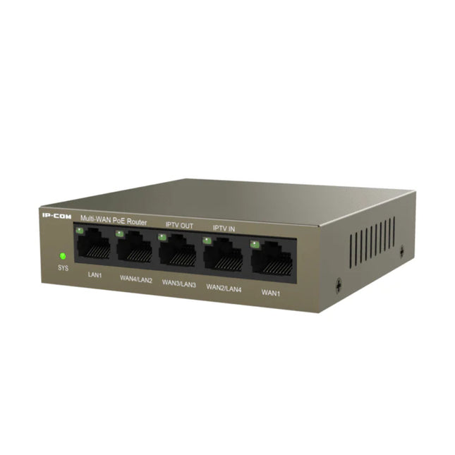 Front panel of the IP-COM M20-PoE cloud managed router, showing the 5 Gigabit Ethernet ports with PoE capability and status indicator lights.
