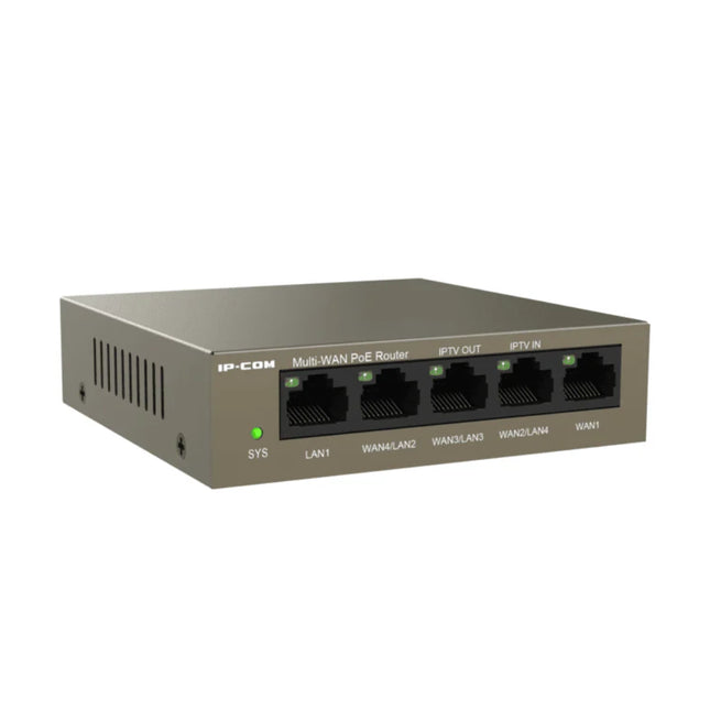 Angled shot of the IP-COM M20-PoE enterprise router highlighting its compact, solid metal desktop design built for small business networks.