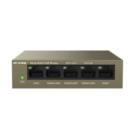 Rear and top view of the IP-COM M20-PoE router, showcasing the power connection and clean design optimized for multi-WAN load balancing.