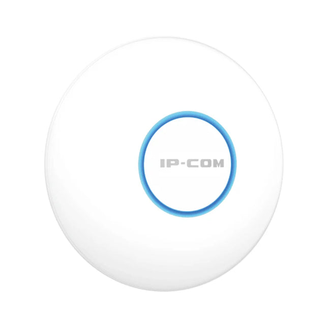 Underside view of the IP-COM Pro-6-Lite access point chassis showing the integrated Gigabit RJ45 PoE port and twist-lock mounting bracket slots.
