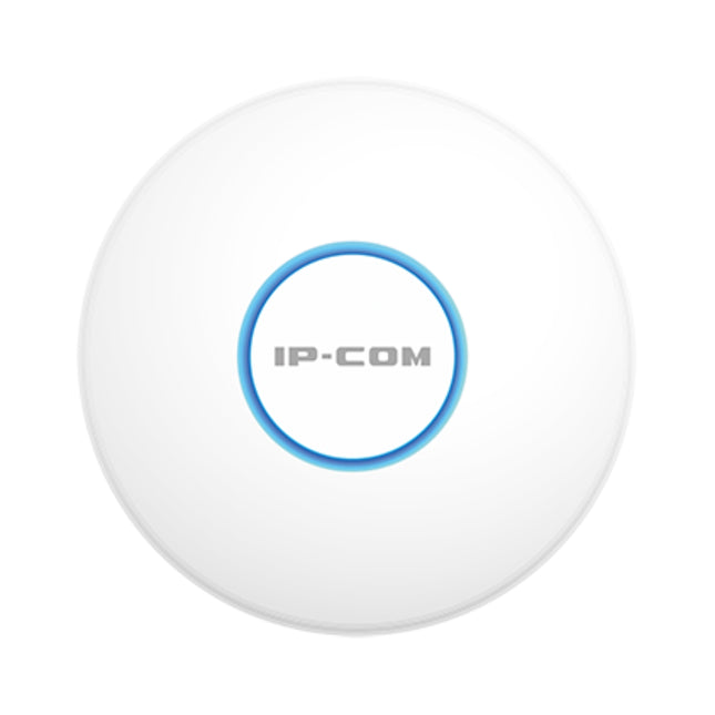 Front view of the white round IP-COM Pro-6-Mini AX1500 Wi-Fi 6 dual-band ceiling access point.