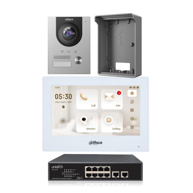 Dahua Intercom Kit, 7 - inch Touch Screen Monitor White, Outdoor Station and 8 Port PoE Switch KIT - DHI - 7INWHT2202F - P - CCTV Guru