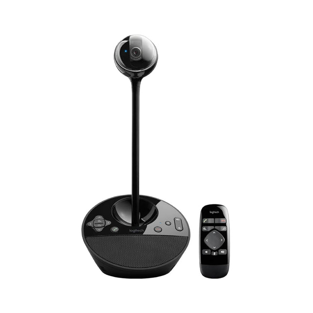 Close-up view of omnidirectional speakerphone control pad and handheld remote for Logitech BCC950.