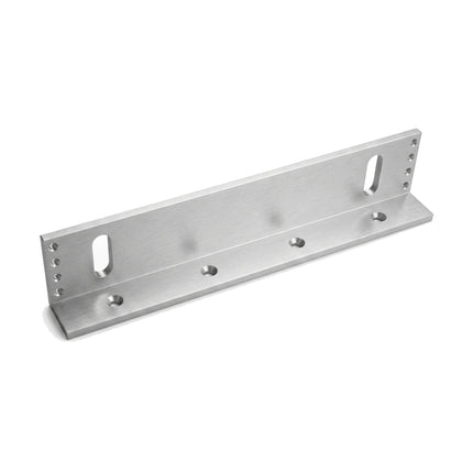 Full view of the LOX AMLB4 adjustable L-bracket in a satin anodized finish, specifically designed for surface-mounting EM3500 series magnetic locks.