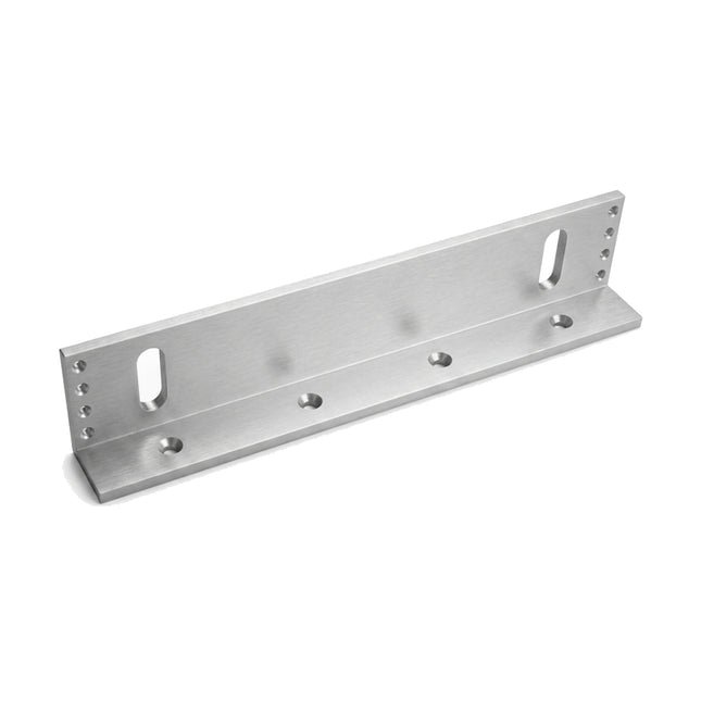 Full view of the LOX AMLB4 adjustable L-bracket in a satin anodized finish, specifically designed for surface-mounting EM3500 series magnetic locks.