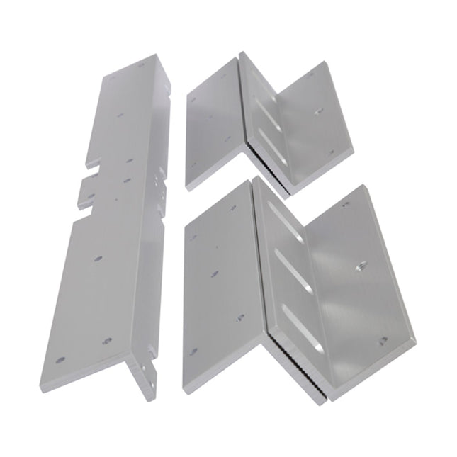 Complete LOX AMZB4-LP single low-profile L and Z bracket kit in a satin anodized finish, engineered for mounting individual magnetic locks.