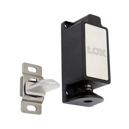 Detailed close-up of the spring-loaded strike pin alignment and the heavy-duty micro solenoid mechanism inside the LOX CL0001 cabinet lock.