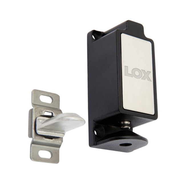 Detailed close-up of the spring-loaded strike pin alignment and the heavy-duty micro solenoid mechanism inside the LOX CL0001 cabinet lock.