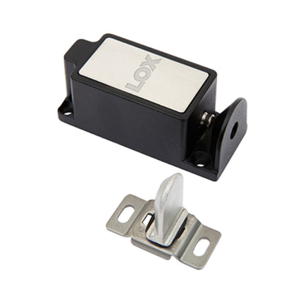 Full view of the compact LOX CL0001 surface-mount electronic cabinet lock complete with its matching steel strike pin bracket.