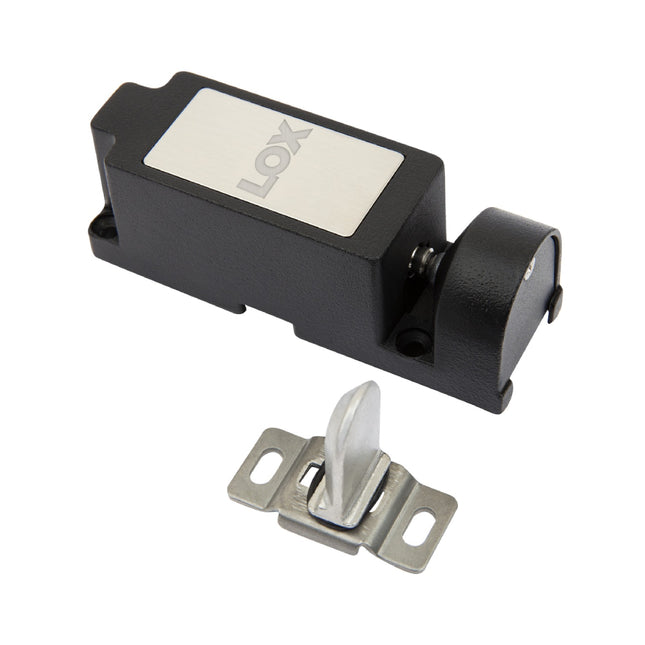 Full view of the compact LOX CL0002 electromechanical cabinet and locker lock shown alongside its heavy-duty spring-loaded strike pin bracket.