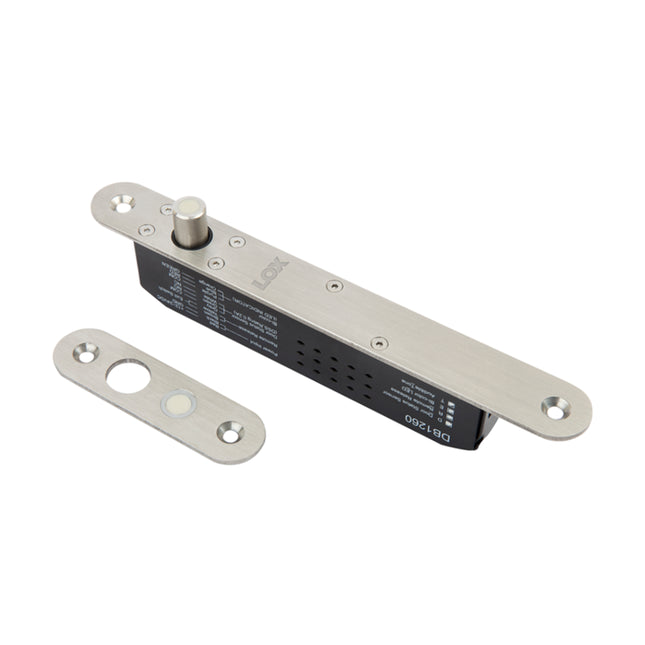 Full profile view of the LOX DB1260PTL mortise mount electric drop bolt lock with its 25mm slimline anodized aluminum faceplate