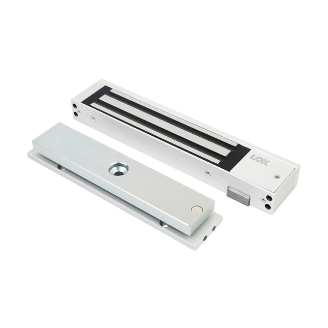 Full frontal profile view of the LOX EM3500 non-monitored single electromagnetic lock, showcasing its durable satin anodized aluminum housing and compact 280kg holding force body.