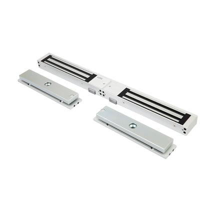 Full layout view of the LOX EM3500D non-monitored double door electromagnetic lock, showcasing its durable satin anodized aluminum housing designed for dual opening timber or glass doors.