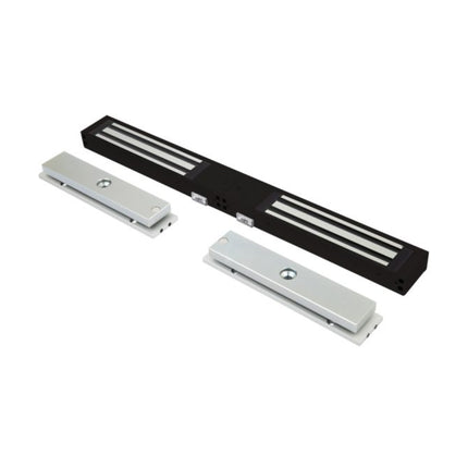 Full frontal profile view of the premium LOX EM3500DM-BLK double door slimline magnetic lock, featuring an architectural black anodised aluminium housing for modern dual-opening doors.