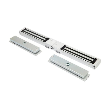 Full frontal profile view of the LOX EM3500DM double monitored electromagnetic lock featuring a high-quality satin anodized aluminum housing for dual doors.