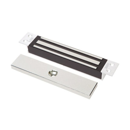 Front profile of the recessed LOX EM3500FM flush mount electromagnetic lock, showcasing its zinc-plated magnetic body and satin anodized aluminum housing for concealed frame installation.