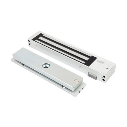 Full frontal profile view of the LOX EM3500M monitored single electromagnetic lock showcasing its satin anodized aluminum housing and compact 280kg holding force body.