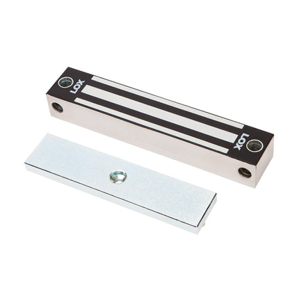 Full frontal profile of the compact LOX EM4500 IP67 weatherproof electromagnetic gate lock with a high-durability 304-grade stainless steel casing.