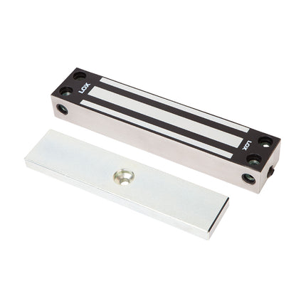 Full frontal view of the LOX EM4700 IP67 weatherproof electromagnetic gate lock highlighting its robust 304-grade stainless steel casing for outdoor security.