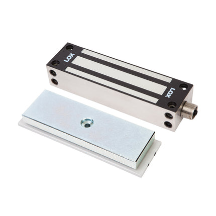 Full view of the heavy-duty LOX EM5000 IP67 weatherproof electromagnetic gate lock highlighting its fully enclosed 304-grade stainless steel body housing.