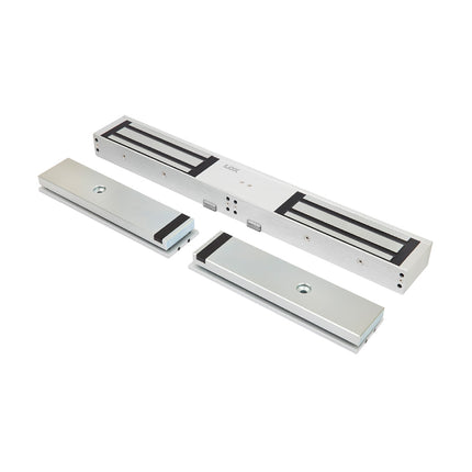 Full frontal layout of the LOX EM5700D non-monitored double door electromagnetic lock, showing its high-strength zinc-plated and satin anodized aluminum housing for dual doors.