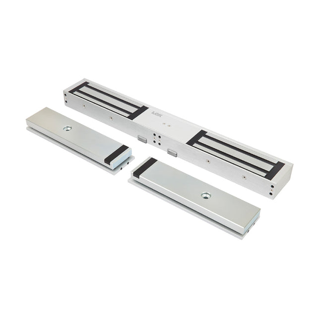 Full frontal layout of the LOX EM5700D non-monitored double door electromagnetic lock, showing its high-strength zinc-plated and satin anodized aluminum housing for dual doors.
