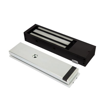 Full profile view of the premium LOX EM5700M-BLK monitored single electromagnetic lock, featuring an architectural matte black anodized aluminum housing with an integrated LED status light.