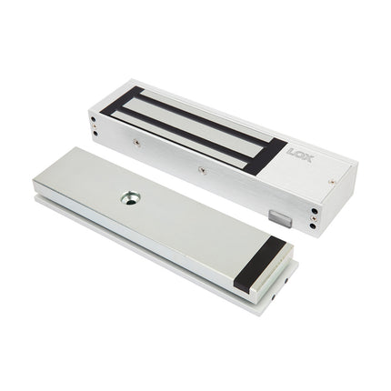 Full frontal profile view of the premium LOX EM5700M monitored electromagnetic lock featuring a high-quality satin anodized aluminum housing and a 580kg holding force.