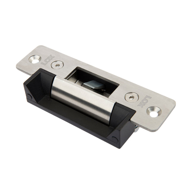 Front profile of the stainless steel LOX ES10M monitored ANSI-footprint electric strike lock, featuring its heavy-duty keeper jaw and 1200kg holding force body.