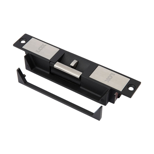 Side angle of the LOX ES20 high security strike highlighting the pre-wired plug-in connector harness compatible with both 12VDC and 24VDC access control systems.