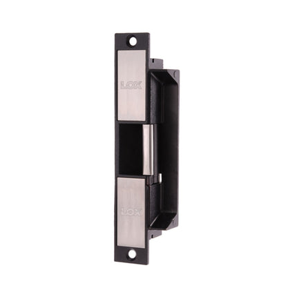 Front profile of the stainless steel LOX ES20 high security electric strike lock, featuring its heavy-duty 10mm strike lip and standard Australian mortise footprint.