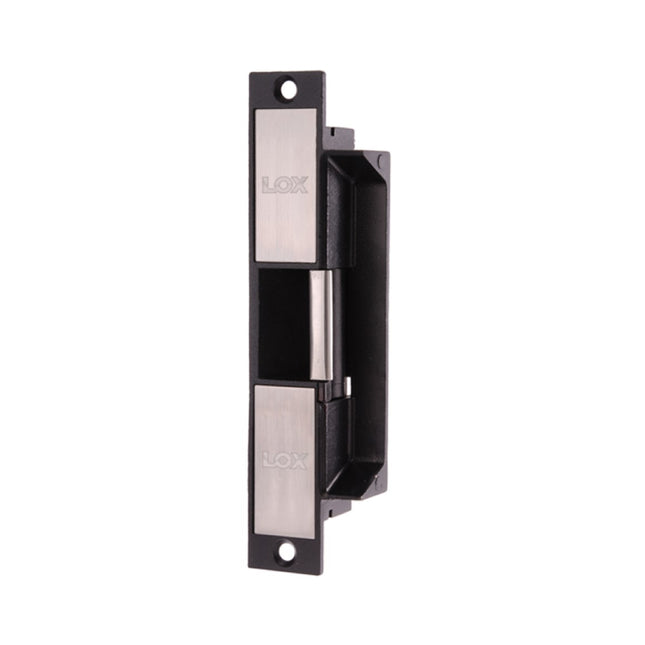Front profile of the stainless steel LOX ES20 high security electric strike lock, featuring its heavy-duty 10mm strike lip and standard Australian mortise footprint.