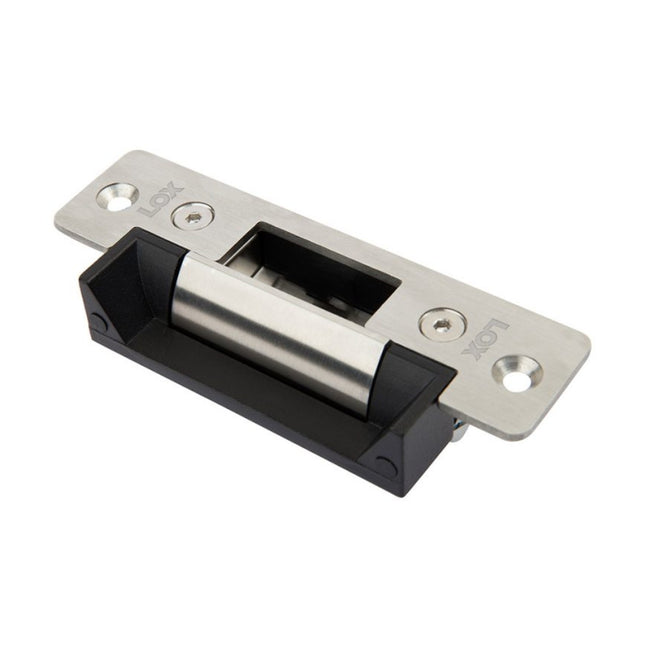 Front profile of the stainless steel LOX ES20 high security electric strike lock, featuring its heavy-duty 10mm strike lip and standard Australian mortise footprint.