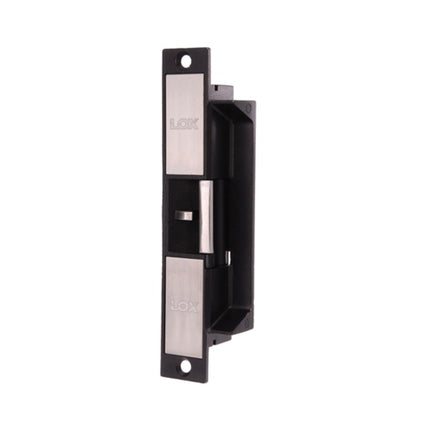 Front profile of the stainless steel LOX ES20M commercial electric strike lock, featuring its standard 10mm safety strike lip and standard Australian profile footprint.