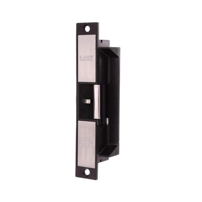 Front profile of the stainless steel LOX ES20M commercial electric strike lock, featuring its standard 10mm safety strike lip and standard Australian profile footprint.