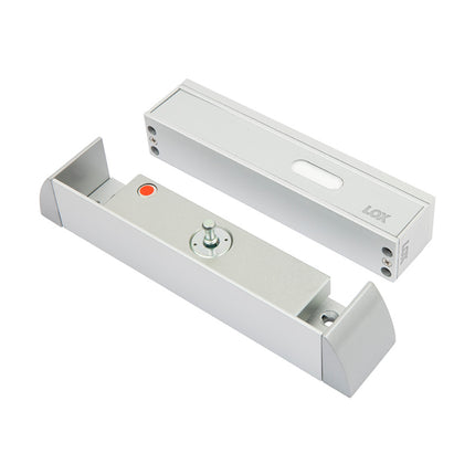 Full profile view of the compact LOX MML2400 monitored micro magnetic lock, showcasing its ultra-slim satin anodized aluminum housing and 280kg holding force body.